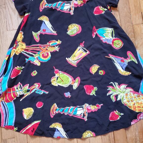 Vintage 90s Tropical Drinks Trapeze Swing Short Sleeve Mini Dress Colorful - Picture 7 of 14